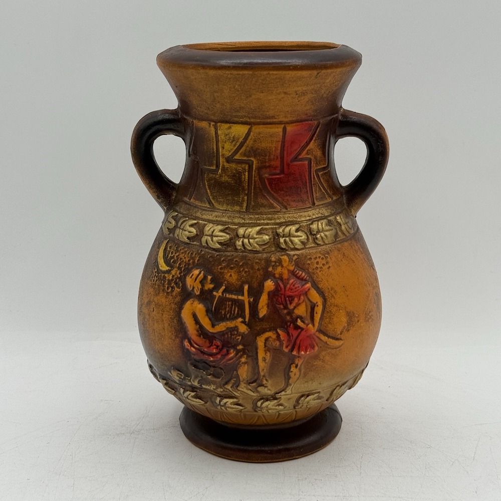 Vintage 1960s Norleans Redware‎ Ceramic Ancient Roman Greek Motif 7" Vase Japan
